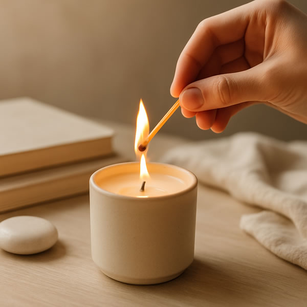 Lighting an intention candle during a mindfulness ritual